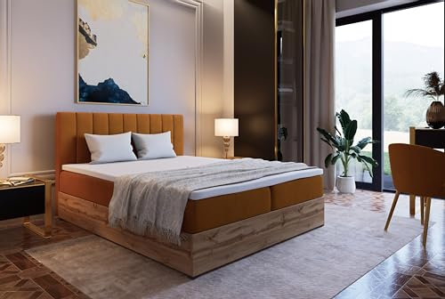 Marlux-Meble Boxspringbett mit Matratze 120x200 cm und Stauraum | Steppung Doppelbett mit Matratzen Topper und Bettgestell 120x200 | Riko II, Honigfarbe