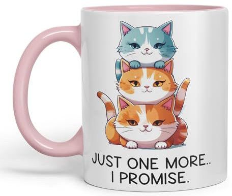 Vixar Just one More.. I Pomise Cats cat Sarcastic Joke Ceramic Coloured Mug Cup for Tea Coffee Hot Brew 330ml 11Oz (Pink)
