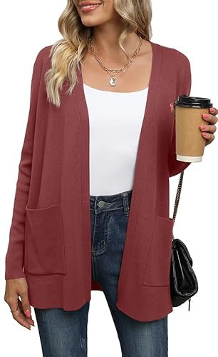 Yommay Cardigan da donna sciolto casual leggero da donna a maniche lunghe con scollo a V maglioni lavorati a maglia con tasche, Z Rosso Scuro, XL