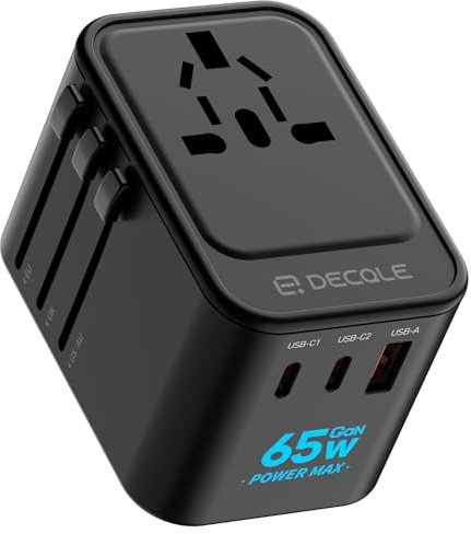 decqle Adaptateur Prise Universelle, Adaptateur Voyage International avec 2 Ports USB-C(GaN 65W) & 1 USB-A, Concerner France vers USA, UK, EU, AU & 224+ Pays (Noir)