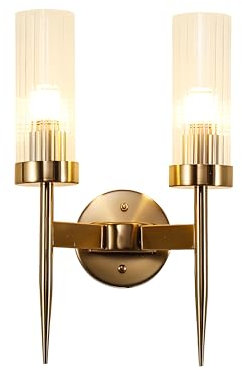 Hnexsei Goldene Wandleuchte mit Glasschirm - E14 Wandleuchte mit Glamourösem Kristall-Design für Moderne Wohnräume (2 Lichter)