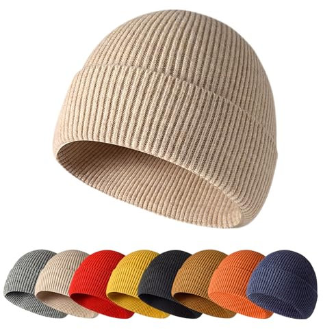 Enwokran Wintermütze Strickmütze Einteilig Nahtlos, Unisex, Dehnbar Stretch Bequem Atmungsaktiv Beanie Mütze Roll up Edge Cuffed Schädeldecke Fisherman Hut (Beige)