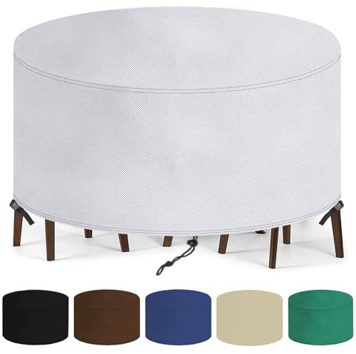 BBMMCLL Funda para Mesa Exterior Redondo 280x80cm(ØxH) Funda para Muebles de Jardín Impermeable Anti-Viento Anti-UV Funda Protectora Mesa de Patio,420D Oxford Paño Cubierta de Muebles de Ratán -Plata