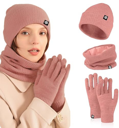 Nenkarn Mütze, Schal & Handschuh-Sets für Damen, 3-in-1 Mütze und Schal Set für Frauen, Dicke Fleece Touchscreen Handschuhe Strickmütze Kaltwetter Accessoires Sets (Rosa)