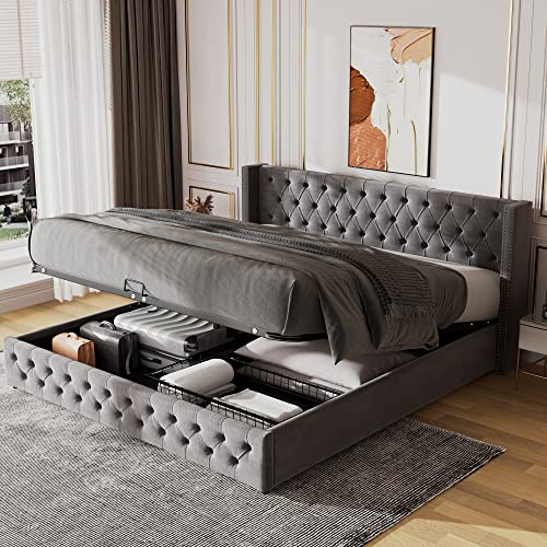 Jtyca Upholstered double bed frame with storage, Velvet Double Ottoman Bed Frame with Hydraulic Lever, Gray, 150 X 200 CM, (Without Mattress)