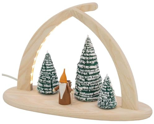 Seiffener Volkskunst | Fensterbeleuchtung Weihnachtsbeleuchtung | LED Spitzbogen Weihnachtsbogen Schwibbogen Lichterbogen | Weihnachtsdeko aus dem Erzgebirge | 29x21 cm | Waldarbeiterwichtel