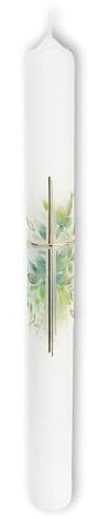 FRITZ COX Taufkerze Glaube erwächst - Eukalyptus mit goldenem Kreuz | Paraffinkerze made in Germany (400x40mm)