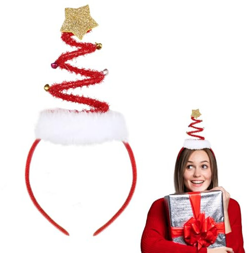 GEBETTER Diadema Navidad Árbol Estrella Cascabeles, Diadema Navideña Gorro Niños Adultos Cinta Cabello Aro Pelo Accesorios Cabeza Disfraz Cosplay Fiesta Carnaval Regalo (Rojo)