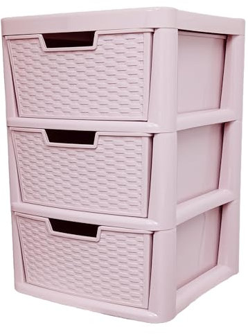 SIDSONS Plastic Storage Drawers Unit Large Pink Rattan Effect 3 Drawers Tower Home Office Garage Storage School Multi-Purpose Modular Storage Cabinet Drawers Storage Unit (H)62cm (W)39cm (D)39cm