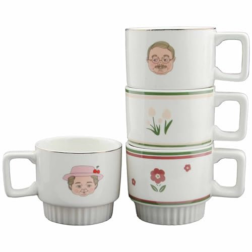 myGrtfam Lot de 4 tasses à expresso empilables en porcelaine pour latte, cappuccino, 360 ml, motif floral et grands-parents