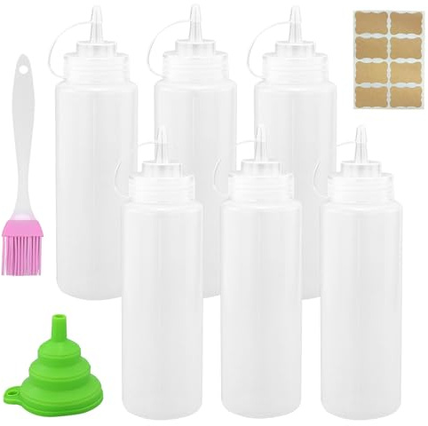 EASYKEENECOM 6 Stück 500 ml (16 oz) Squeeze Flasche, Plastik Quetschflasche Mit Kappen, Squeeze Condiment Flaschen für Ketchup, Pigment Quetschflasche,mit Trichter, Aufkleber-Etikett