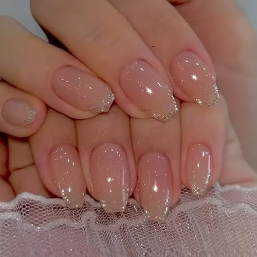 Ceboic 24 Pièces Court Carré Faux Ongles Brillant Français Rose Nude Ongles à Coller Glossy Press on Nails Bordure Dorée Acrylique Couverture Complète Ongles Artificiels pour Femmes et Filles