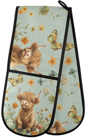 Oven Gloves Double Oven Gloves Highland Cow Green Heat Oven Mitts Pot Holder Heat Resistant Quilted for BBQ Baking Kitchen Cooking Gloves