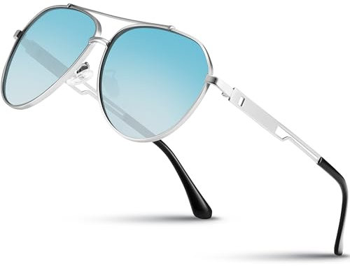 Sonnenbrille-Herren-Damen-Polarisiert-Metallrahmen-Unisex-UV400-Schutz-Klassische Ultraleichte für Fahren,Angeln,Laufen & Outdoor(Silber Rahmen Blau)