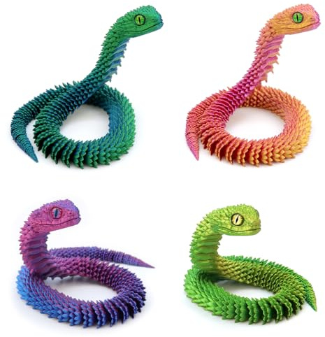 3D-gedrucktes Schlangen-Spielzeug 4er Set (44cm) – voll bewegliche Gelenke: Osternschlange, tolles Kindergeschenk & Zuhause/Schreibtisch-Dekoration.(Blaugrün+Orange+Purple+Gelbgrün)