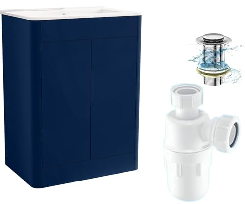 BELOFAY Vanity Unit with Basin | 600mm Floor Standing Bathroom Vanity Unit with Basin | Matte Blue | Push to Open Doors with 1 Tap Hole Ceramic Basin, Trap & Waste, Tap not included (Edison Blue)