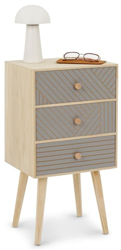 IDIMEX Nachttisch Pelo mit 3 Schubladen Natur/Grau - Nachtkasten mit Ziernuten im Boho Stil, Nachtkommode aus Paulownia-Holz