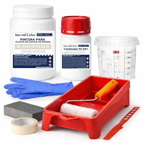 Kit Pintura Plato de Ducha Resina Antideslizante - (Blanco Perla 0,75 kg) | No resbala mojado, ahorra el coste de sustituirlo, disimula cal, incluye catalizador y herramientas