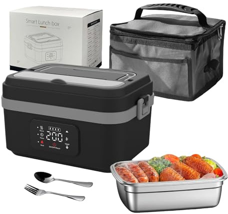 YOAOSER Electric Lunch Box,1L Large Capacity Heated Lunch Box with Touch Screen,Fast Heating Food Warmer,Portable Food Heater with Insulated Lunch Bag Spoon and Fork Suitable for Car Office (Gray)