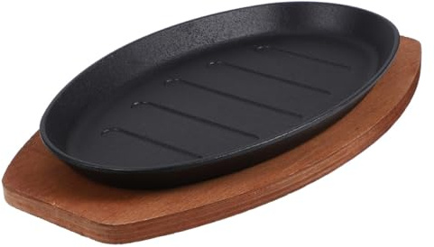 NUOBESTY Cast Iron Japanese Steak Plate Sizzling Platter with Insulated Wooden Holder, Even Heat Distribution and Grill Marks, for Indoor Cooking and Dining Area Use