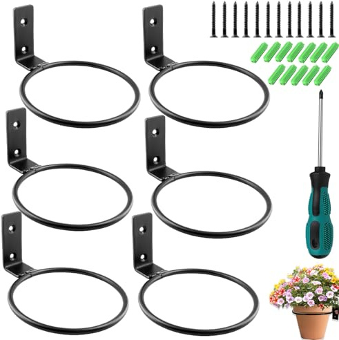 Pflanzen Wandhalterung, 6 Stück Pflanzenhalter Wand, Wandhalterung Blumentopf 15CM, Metall Ring Wandmontage Pflanzen, mit Schraben und Schraubendreher, für Blumentöpfe Garten Balkon, Schwarz