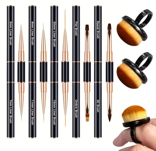 5 PCS Nail Art Tools with 2 Black Nails Ring Brushes | Double-Ended Nail Art Brushes, Fine Liner Painting Tools for DIY, Gel Polish Designs French Nails Carving