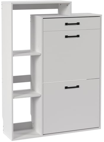 HULANAN Zapatero Blanco Estrecho，80×24,5×109 cm Mueble Zapatero para recibidor o Pasillo, 3 estantes Regulables,1 cajón, 2 Puertas, Montaje fácil