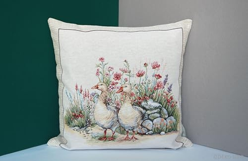 Sandner Kissenhülle Gobelin Gänsegarten 45 x 45 cm Kissenbezug Sofakissen Dekokissen, 1 Stück (Gänse)