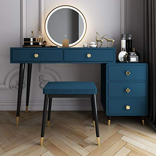 Consoles d'entrée en verre, tables d'appoint étroites pour salon, ensemble coiffeuse moderne avec miroir réglable et tabouret rembourré, coiffeuse à 5 tiroirs coulissants pour chambre à couc