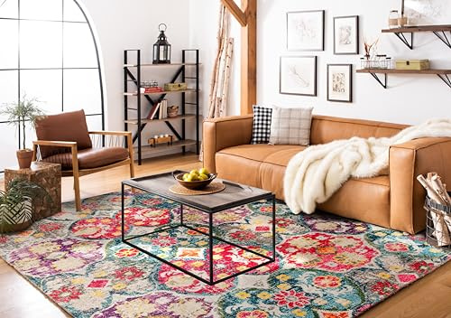SAFAVIEH Boho Chic Teppich für Wohnzimmer, Esszimmer, Schlafzimmer - Monaco Collection, Kurzer Flor, Grau und Fuchsia, 240 x 300 cm