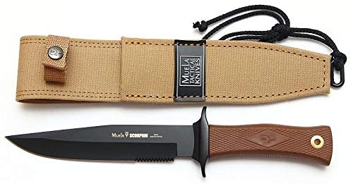 Muela Cuchillo SCORPION-18N hoja de acero MoVa de 18 cm teflonada empuñadura de goma y funda desierto para Caza, Pesca, Supervivencia y Bushcraft Realizado en Ciudad Real + Portabotellas de regalo