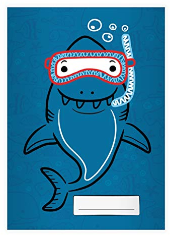 2 Lustige Tiefsee Taucher DIN A5 Schulhefte, Rechenhefte mit Comic Haifisch, blau Lineatur 7 (kariertes Heft 16 Blatt/32 Seiten) Notizheft, Kladde für Schule, Universität, Büro