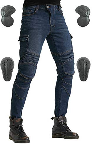 VNFOX Pantalones de motocicleta, versátiles y duraderos para hombres y mujeres, pantalones de equitación con almohadillas Kenn y armadura de cadera, Azul, L