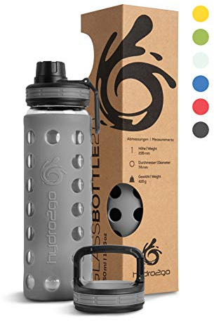 hydro2go® Trinkflasche aus Glas mit Silikonhülle 550 ml - spülmaschinenfest | 2 auswechselbare Deckel | 100% Auslaufsicher BPA-frei - Glasflasche für Kinder, Büro, Fitness, Yoga, Sport & Outdoor