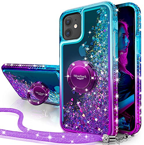 Miss Arts for iPhone 12 Mini Case, Liquid Holographic Sparkly Glitter Case with Kickstand and Lanyard, Girls Women Bling Diamond Ring Shockproof Protective Cover for iPhone 12 Mini 5.4 inch -Purple