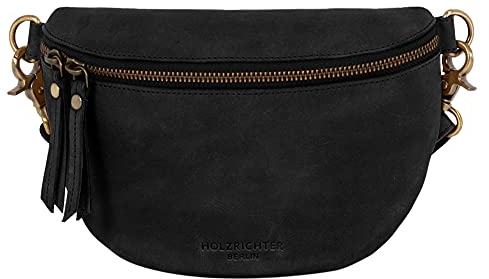 HOLZRICHTER Berlin - Mittelgroße Bauchtasche aus Leder für Damen, 12 x 22 x 6 cm, Vintage Gürteltasche, Handgefertigte Hüfttasche, Premium Accessoire in Schwarz-Anthrazit, No 2-1