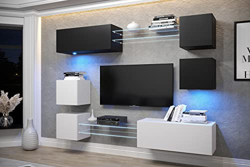 Furnitech AN65 New Modernes Wohnzimmer Wohnwand Wohnschrank Schrankwand Mediawand Möbel MATT (LED weiß, AN65N-21BW-M7)