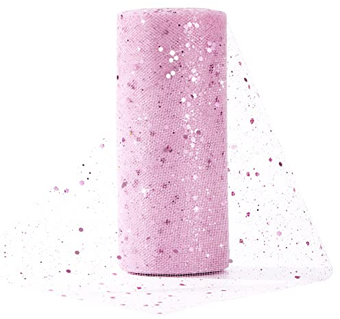 Tüll Stoff 15cm x 25Yards Glitzer Tüll Dekostoff mit kleine Pailletten Dekostoff Tüll Rolle für Hochzeit Party Bankett Deko Handwerk Hochzeit Tischedeko Geschenk Bogen Tüllband Rosa