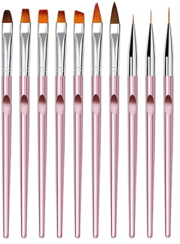 10 Pieces Pinceau Nail Art Ongles Gel Professionnel - LEA-SHALL Pinceaux Fin Liner/Plat/Rond/Acrylique/3D pour Ongles UV Construction en Resine Brosses ã French Manucure Set de Outils Or Rose