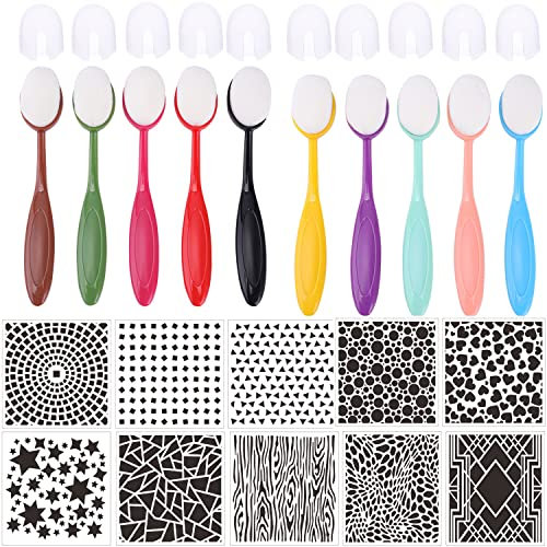 10Pcs Ink Blending Brushes Set Tool Blender Crafter Paper Crafting Background Ink Blending Brushes with 6Pcs DIY Card Making Plastic Stencils Set forCard Making for Painting,Drawing(Brush Head1.2'')