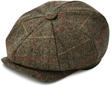 BOTVELA Herren 8 Panel Wollmischung Newsboy Flat Cap Fischgrätenmuster Tweed Hut, kariert Khaki, 63 EU