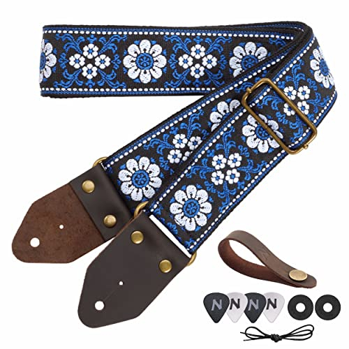 Nefelibata Gitarrengurt, 2 Jacquard-Stickerei Baumwolle Gitarrengurte mit Crazy Horse Leder Enden für Bass, elektrische & akustische, Geschenke für Kinder, Gitarristen