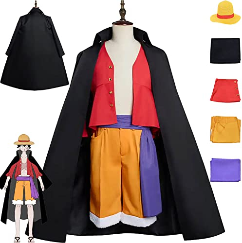 Tjmiaohao Anime One Piece Monkey D. Luffy Cosplay Kostüm Outfit Rollenspiel Uniform Mantel Top Hose Hut Full Set Halloween Karneval Party Dress Up Anzug für Männer Jungen (L)