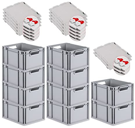 PROREGAL SuperSparSet 10x Eurobox NextGen Grip mit Scharnierdeckel und roten Schiebeschnappverschlüssen, HxBxT 22x30x40cm, 20 L, Grau, Griffe offen, Eurobehälter, Transportbox