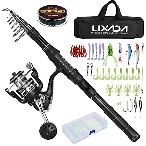 Lixada Teleskop-Angelrute und Rollen-Set mit Angelschnur, Angelköder-Set und Zubehör und Tragetasche Angelzubehör, ideal für Reisen, zum Angeln in Salzwasser und Süßwasser