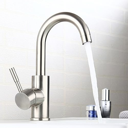 Robinet lavabo haut salle de bain acier inoxydable levier unique eau chaude et froide avec 2 tuyaux inclus robinet mitigeur haut pour vasque robinet haut lave main mitigeur lavabo haut