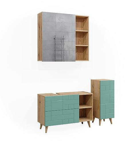 Vicco Badmöbel-Set Rudi, Mintgrün, 90 cm, besteht aus Waschbeckenunterschrank, Spiegelschrank und Midischrank