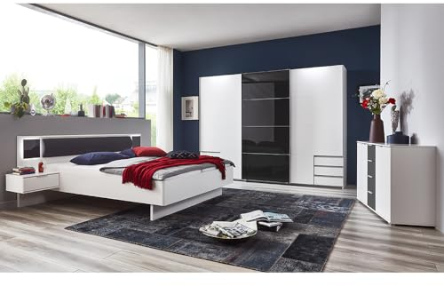Lomadox Schlafzimmer Set 3-teilig mit Bett 180x200, LED-Beleuchtung, Schwebetürenschrank 273cm mit Passepartout, Kommode in weiß mit Graphit