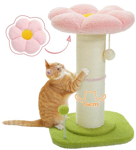 PAWZ Road Griffoir pour Chat en Forme de Fleur Hauteur 60 cm, Arbre a Chat Fleur avec Gros Griffoir (Ø=14cm), Coussin Amovible, Pompon Suspendu et Boule à Ressort, Rose