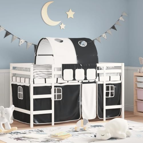 vidaXL Kinderhochbett, Hochbett mit Tunnel Vorhängen, Spielbett Bett für Kinder ab 6 Jahren, Kinderbett Etagenbett Stockbett, Weiß Schwarz 90x200cm Kiefernholz